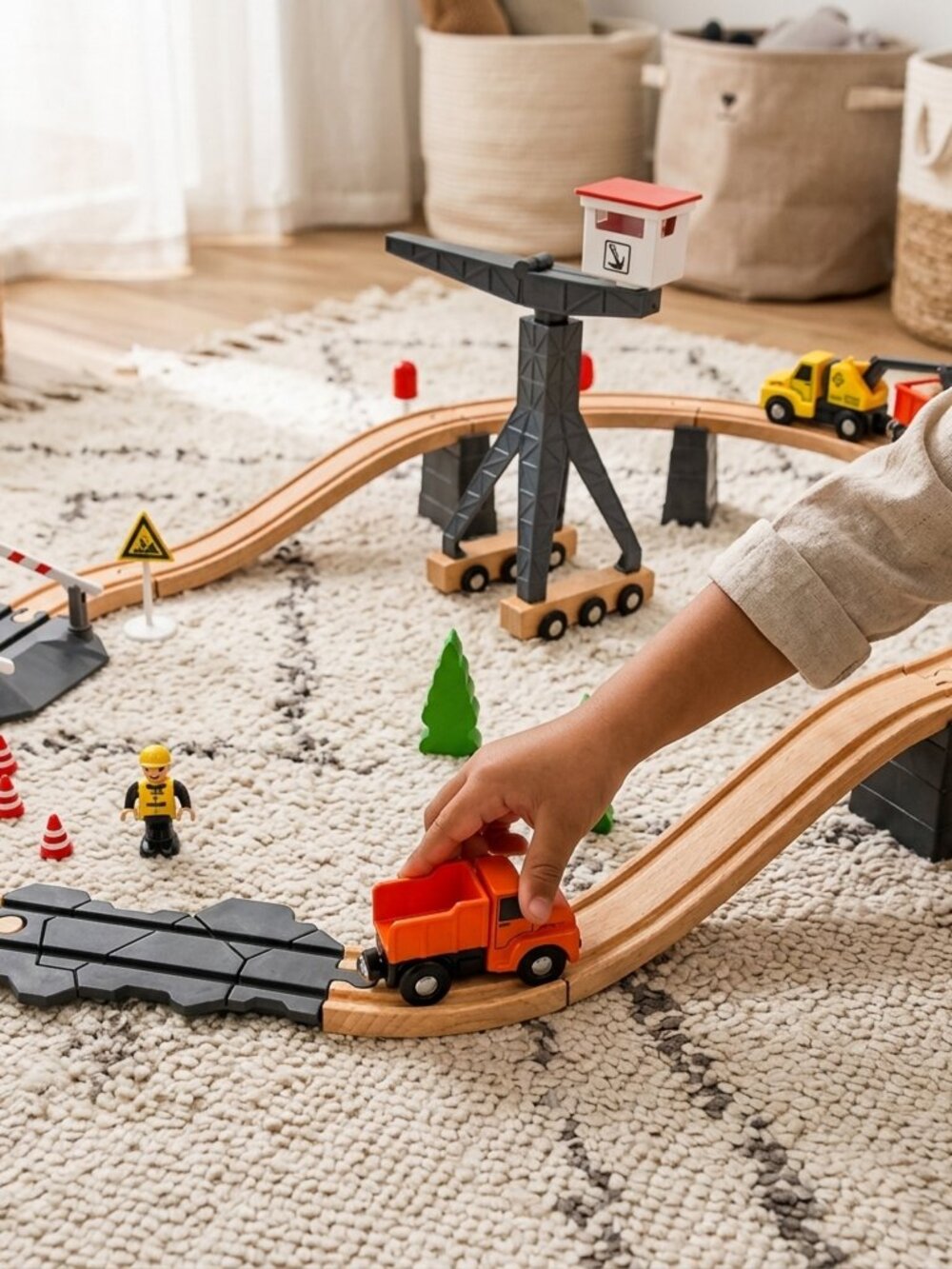 Wooden Construction Train Set Crane Trucks Railway Track Kids Toy Playset